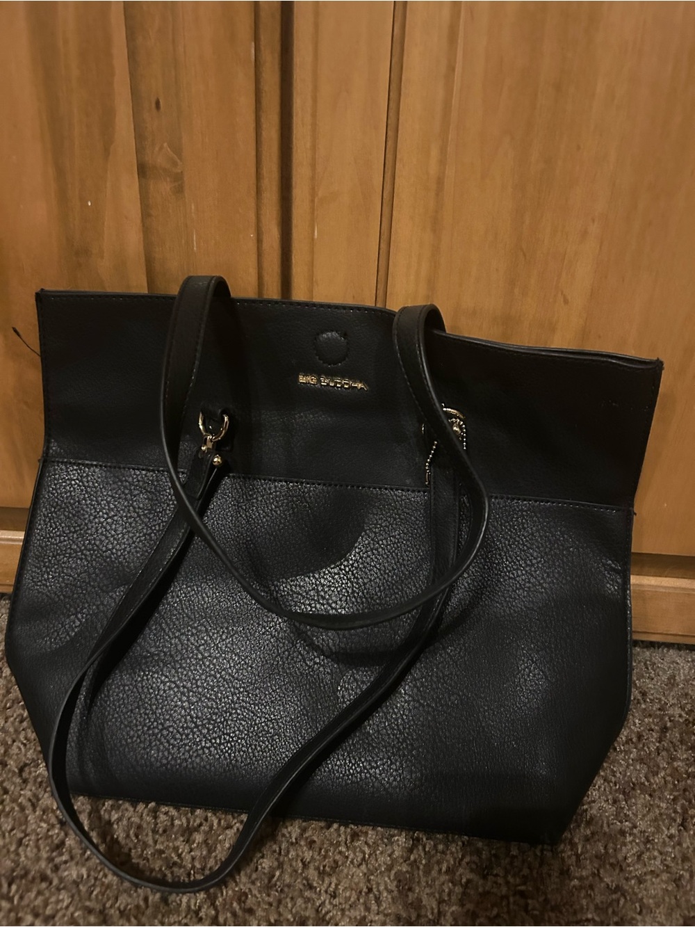 Big Buddha Black Pebbled Shoulder Tote with Gold Accent